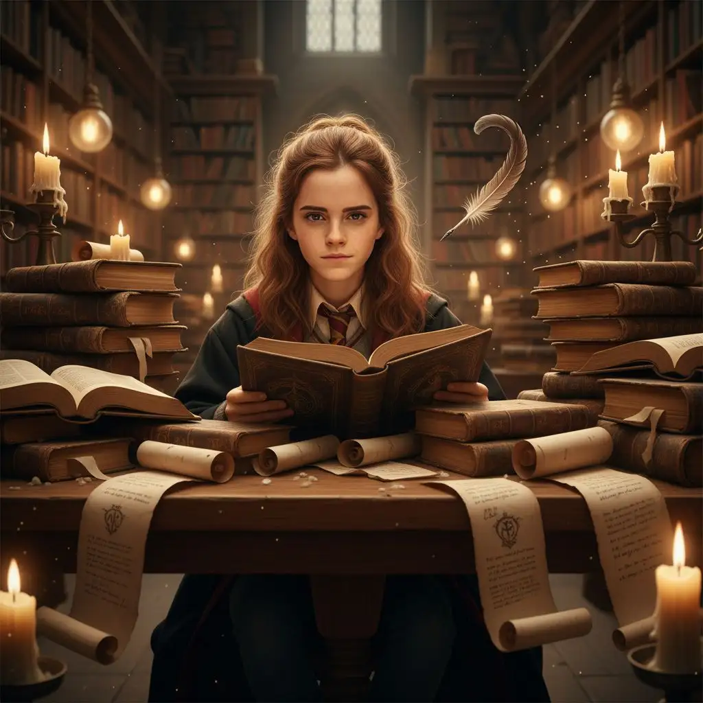 Hermione Granger studying spellbooks in the Hogwarts library by candlelight.
