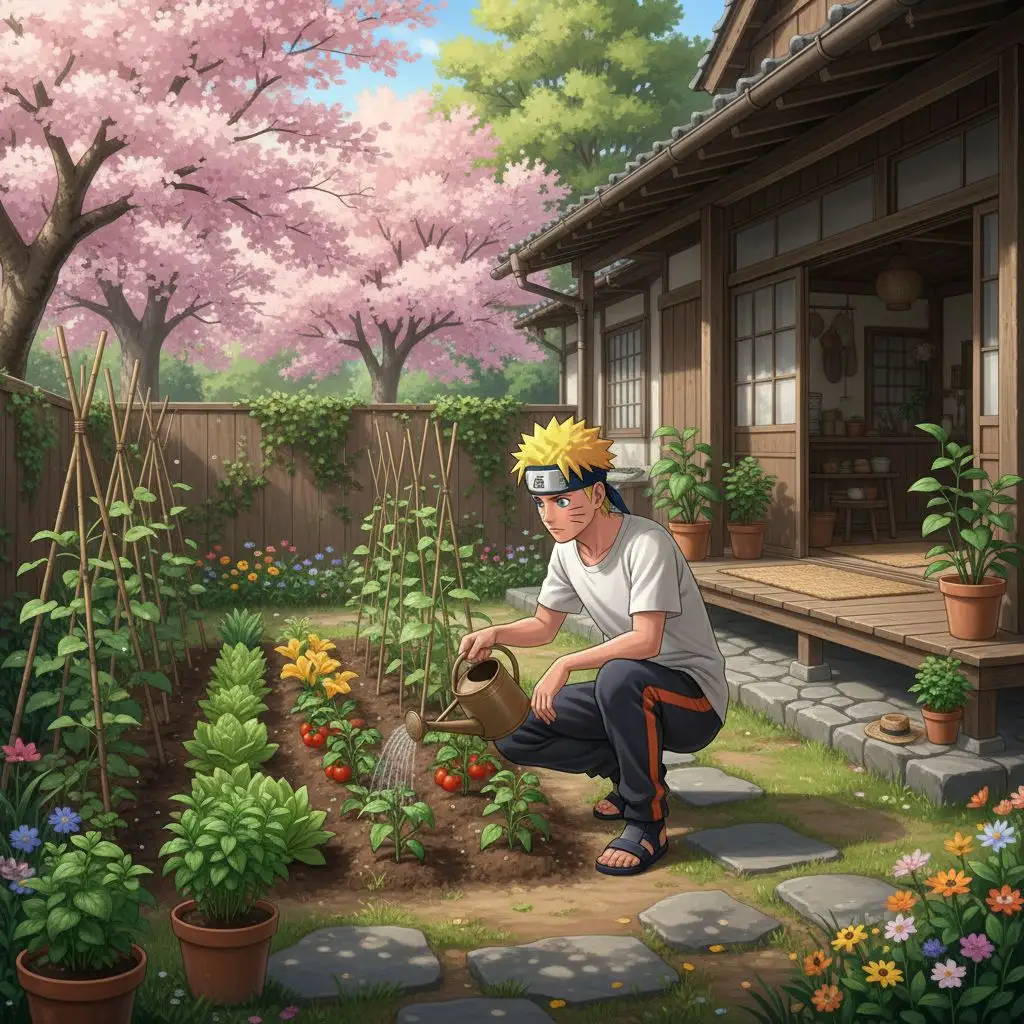 Naruto gardening in a serene vegetable patch.
