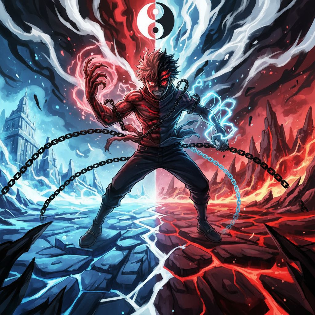 Yuji vs Sukuna internal battle, Yuji fighting for control, expressive anime style.