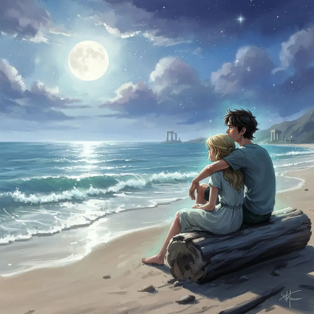 Percy Jackson and Annabeth Chase sharing a quiet moment on a moonlit beach.