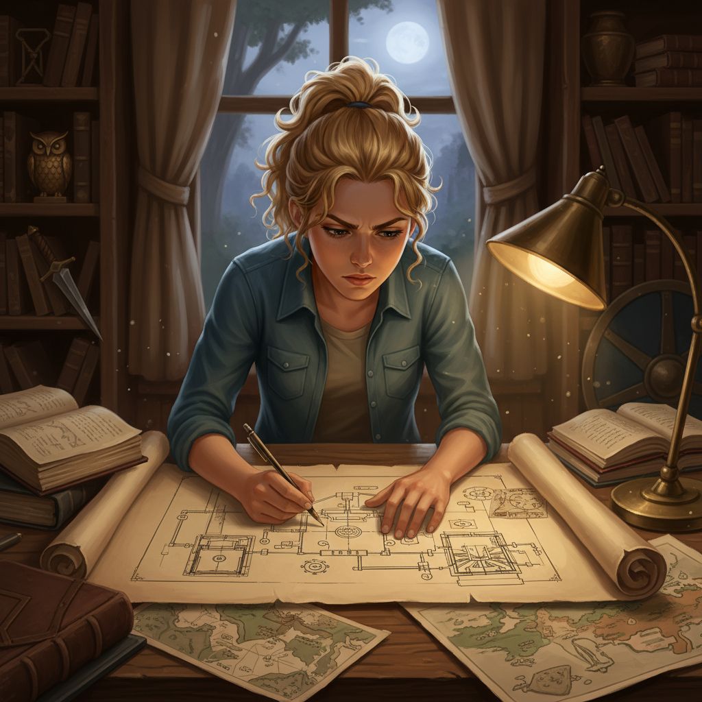 Annabeth Chase drawing architectural blueprints, emphasizing her strategic mind and design skills.