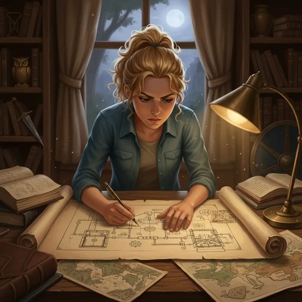 Annabeth Chase drawing architectural blueprints, emphasizing her strategic mind and design skills.