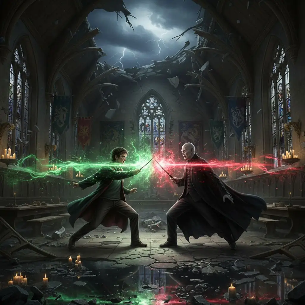 Harry Potter battling Lord Voldemort in the Great Hall.