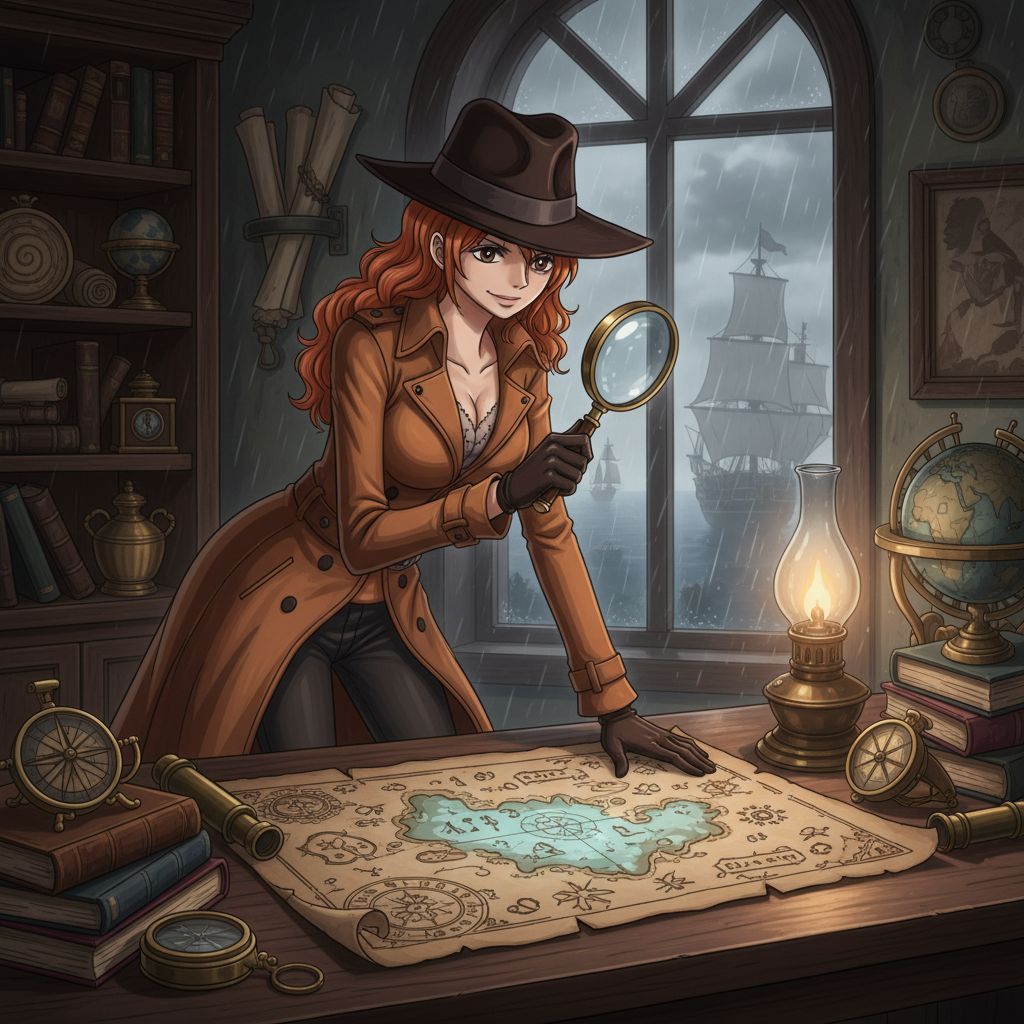 Nami, the Straw Hat navigator, as a brilliant detective solving a mystery.