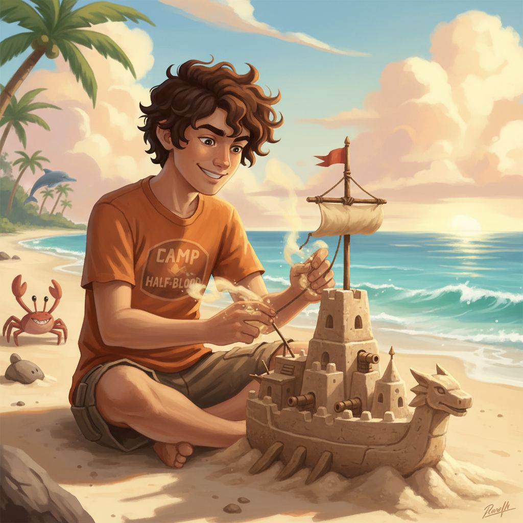Leo Valdez on a beach, building a sandcastle of Argo II.