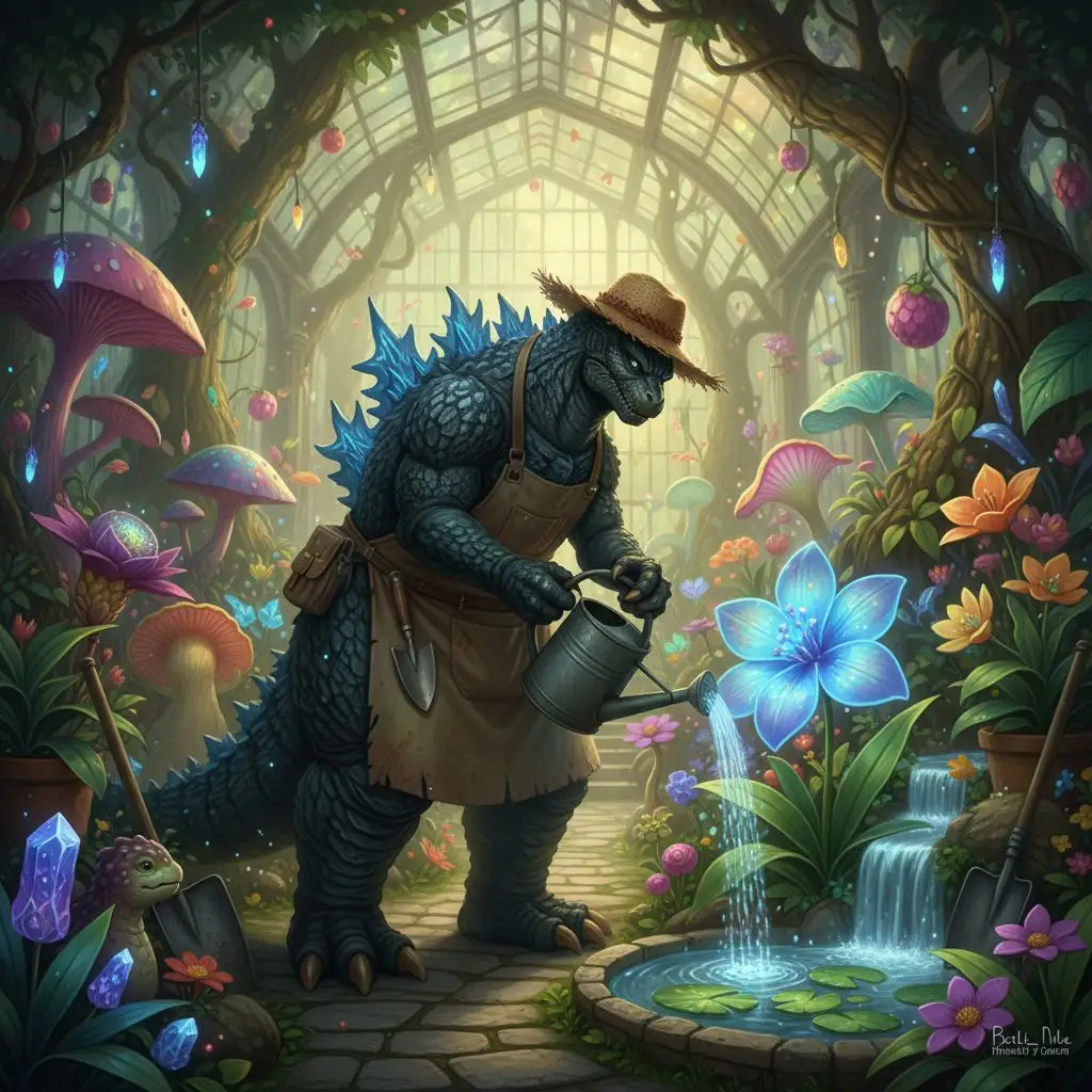 Godzilla as a diligent gardener in a giant greenhouse with exotic plants, magical realism.