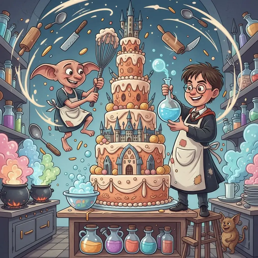 Harry Potter and Dobby baking a cake in the Hogwarts kitchens.
