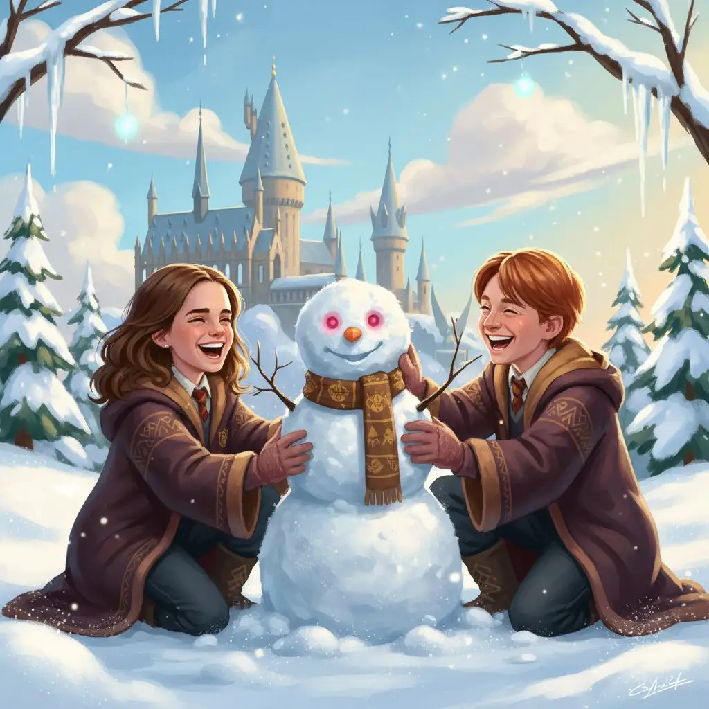 Hermione and Ron building a snow golem in the snowy Hogwarts grounds.