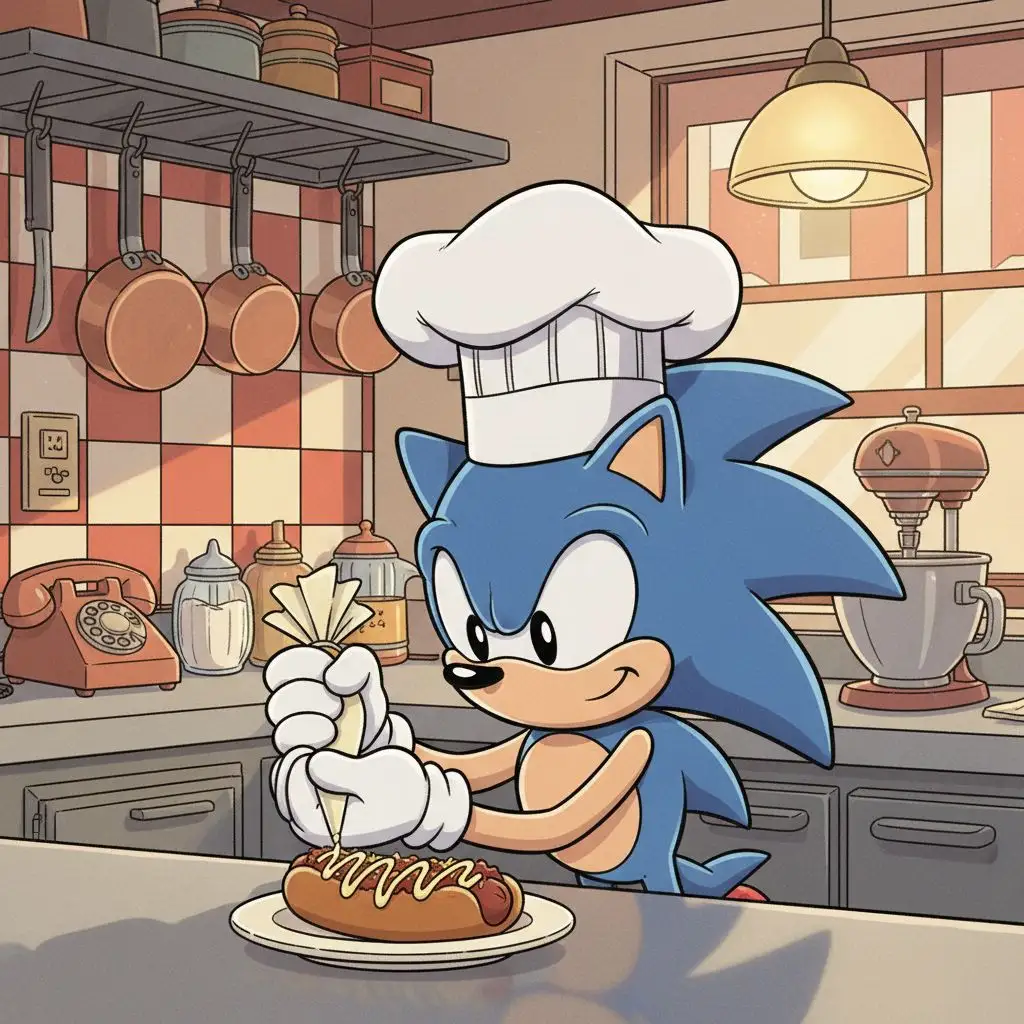 Classic Sonic as a chef decorating a chili dog in a retro diner kitchen, cute illustration.