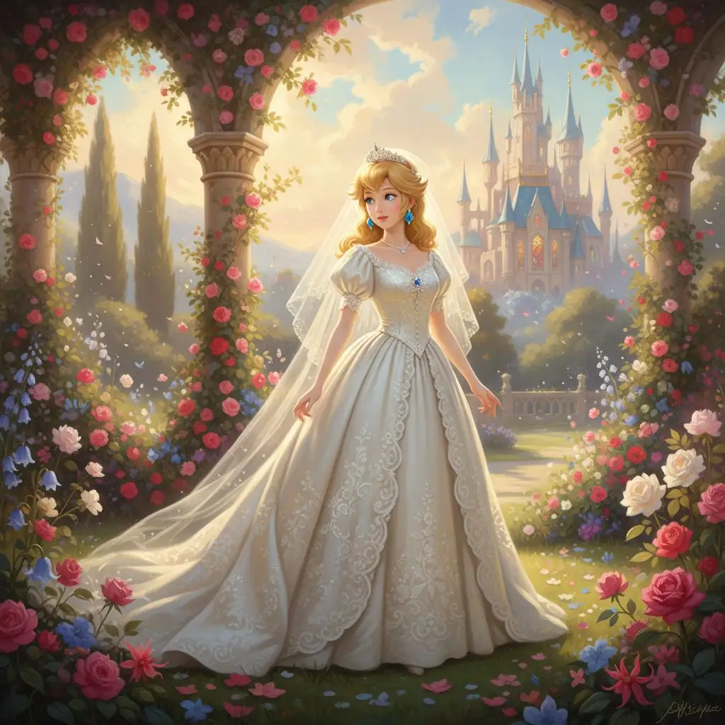 Princess Peach in a beautiful wedding dress in a castle garden.