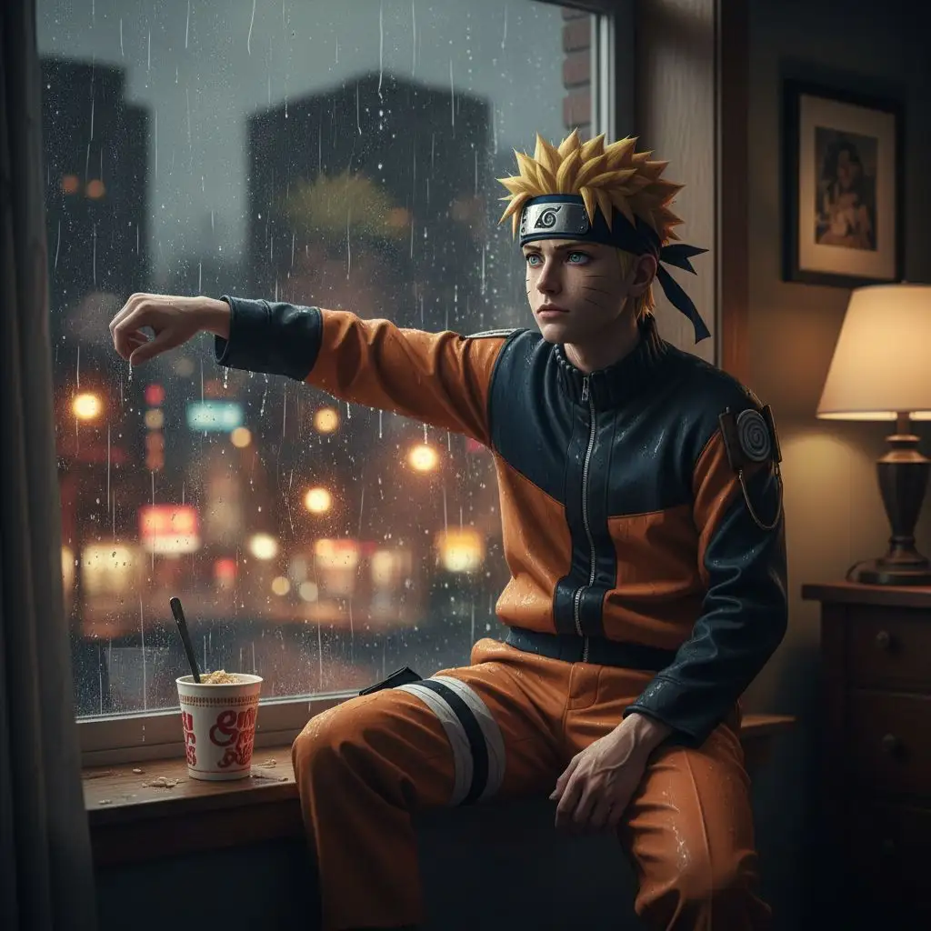 Naruto looking out a window on a rainy city night.