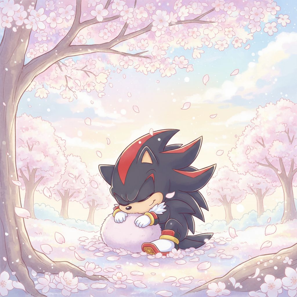 Adorable cute Shadow the Hedgehog napping under a cherry blossom tree.