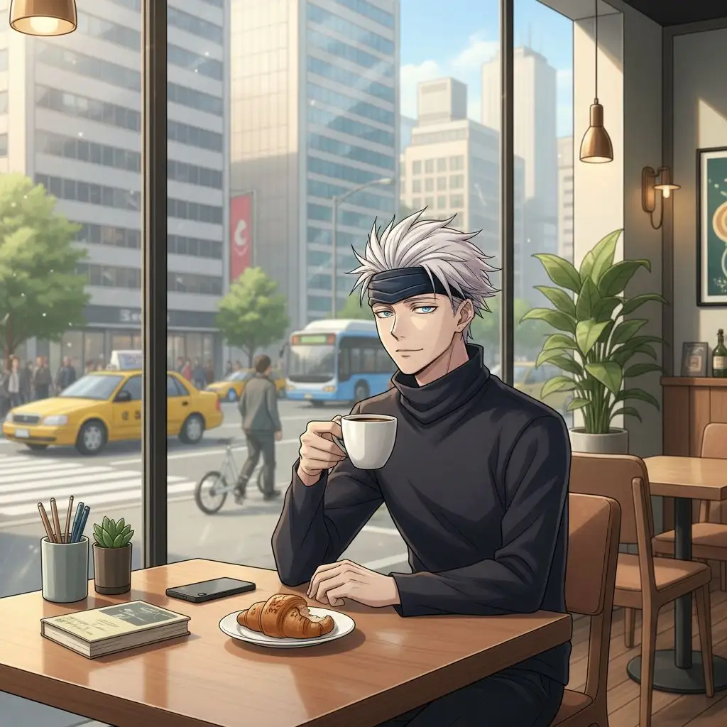 Gojo Satoru enjoying coffee at a modern city cafe, reflecting peace and urban charm.