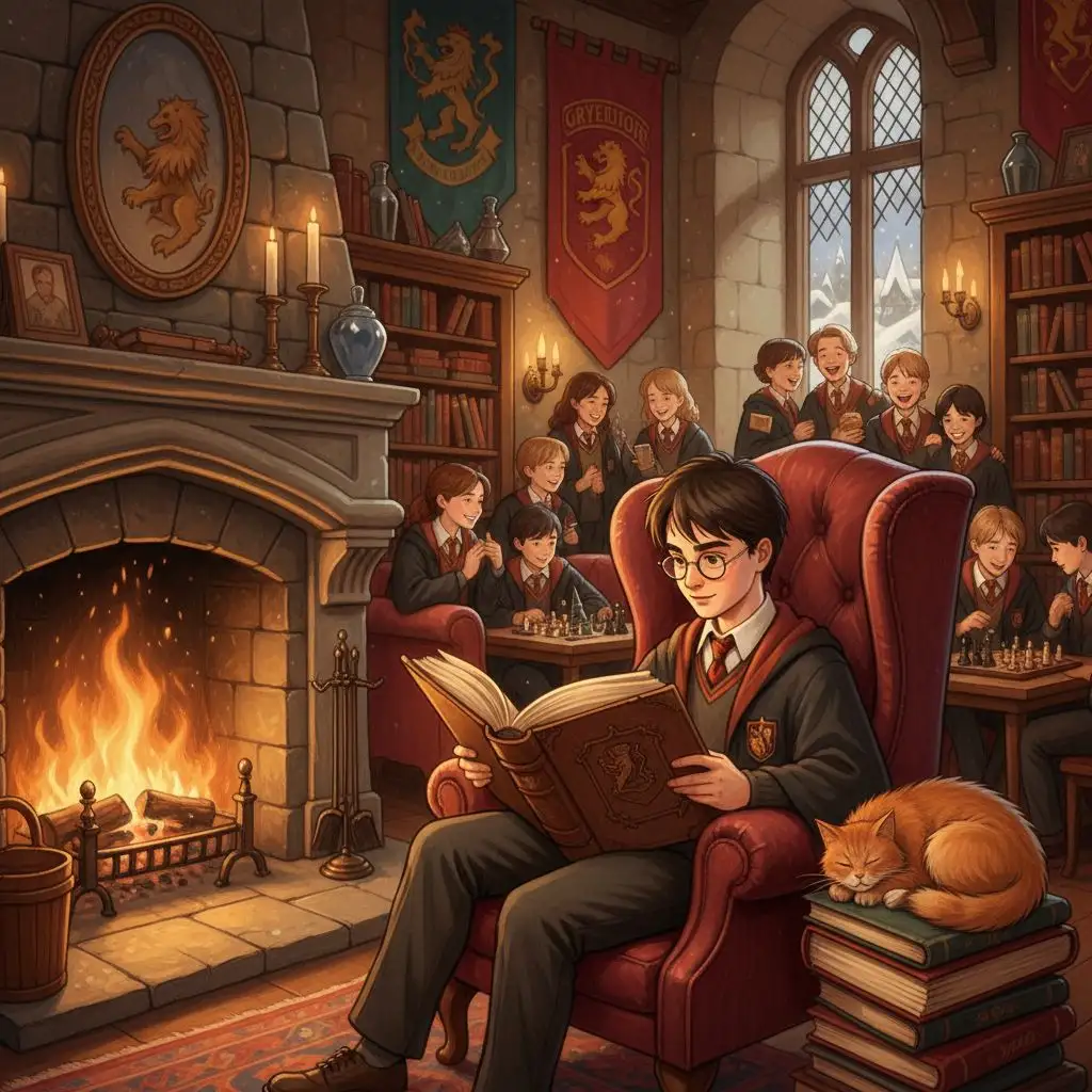 Harry Potter reading by the fireplace in Gryffindor common room.