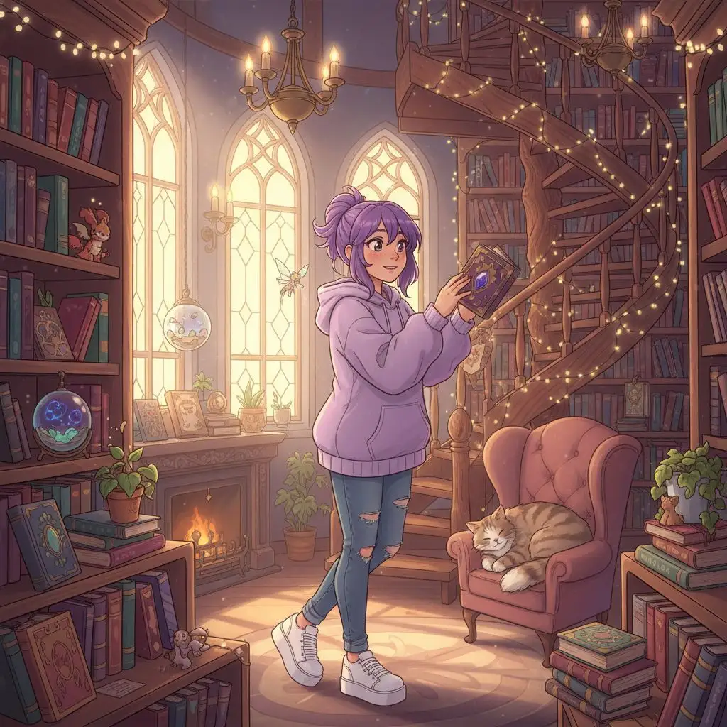 Aphmau browsing books in a whimsical bookshop, with warm lighting and an enchanting, inviting atmosphere.