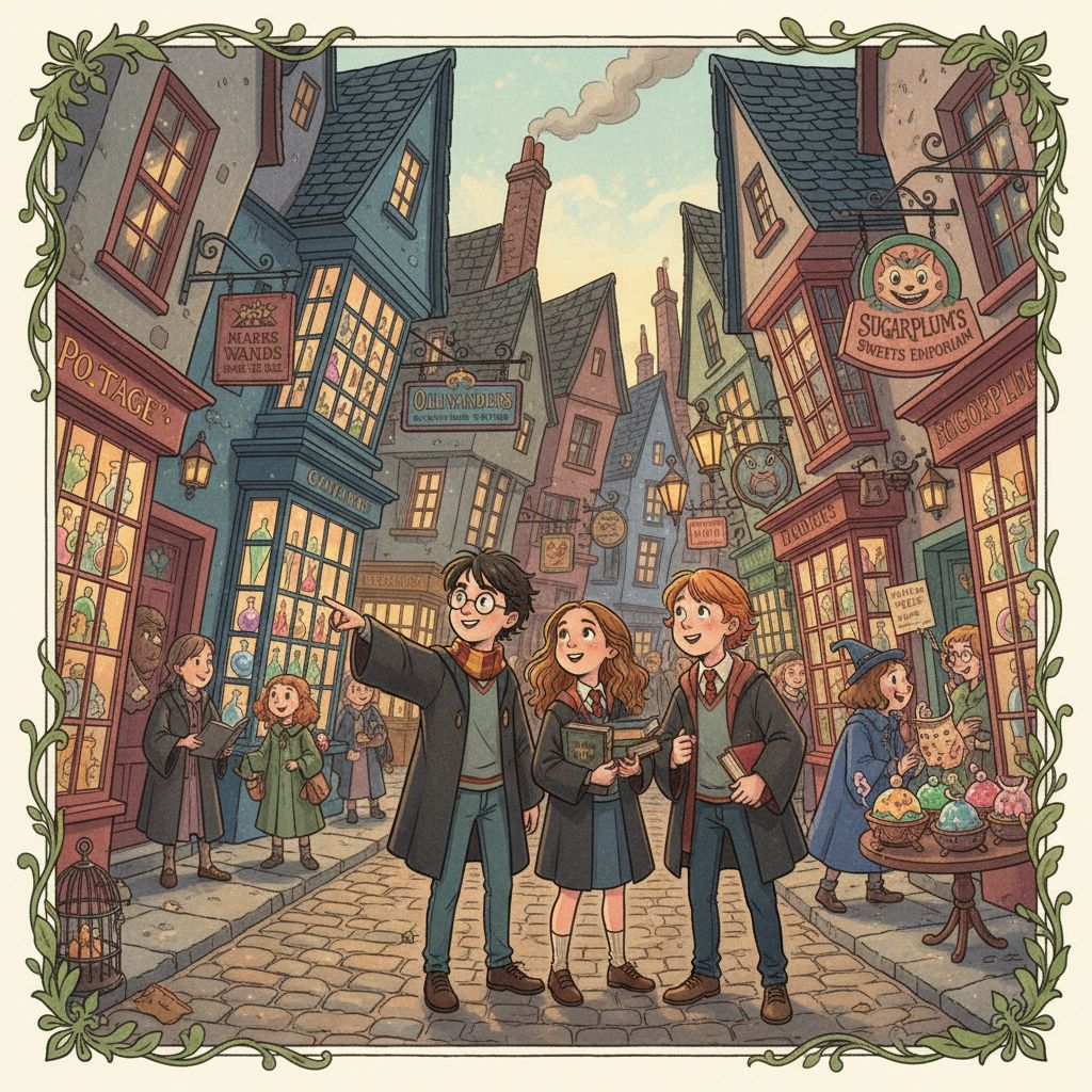 The Golden Trio (Harry, Hermione, Ron) exploring Diagon Alley.