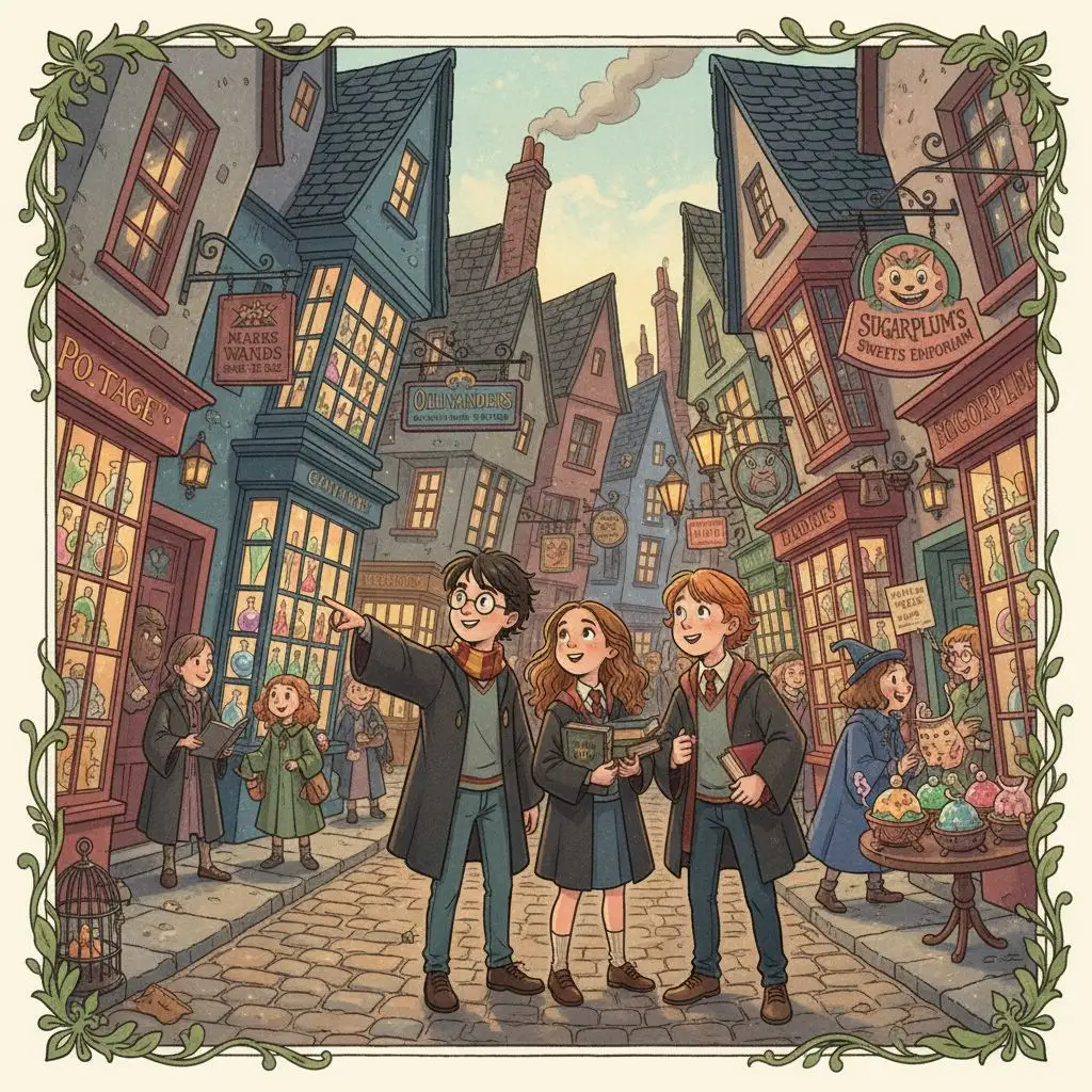 The Golden Trio (Harry, Hermione, Ron) exploring Diagon Alley.
