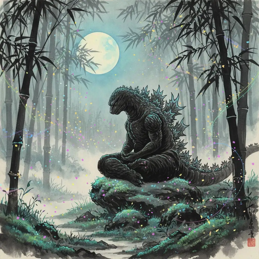 Godzilla meditating in a peaceful bamboo forest at night, surrounded by fireflies, ink wash style.