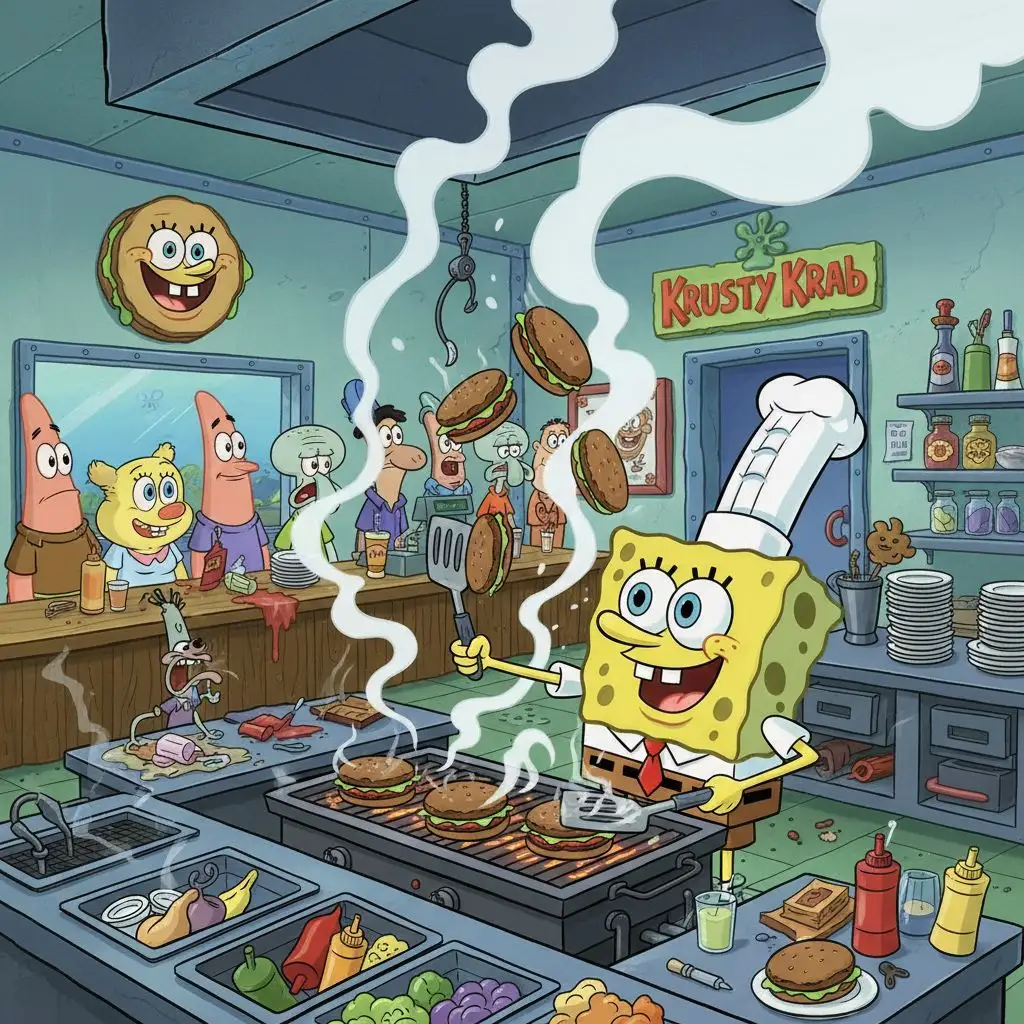 Spongebob flipping Krabby Patties in a vibrant Krusty Krab kitchen.