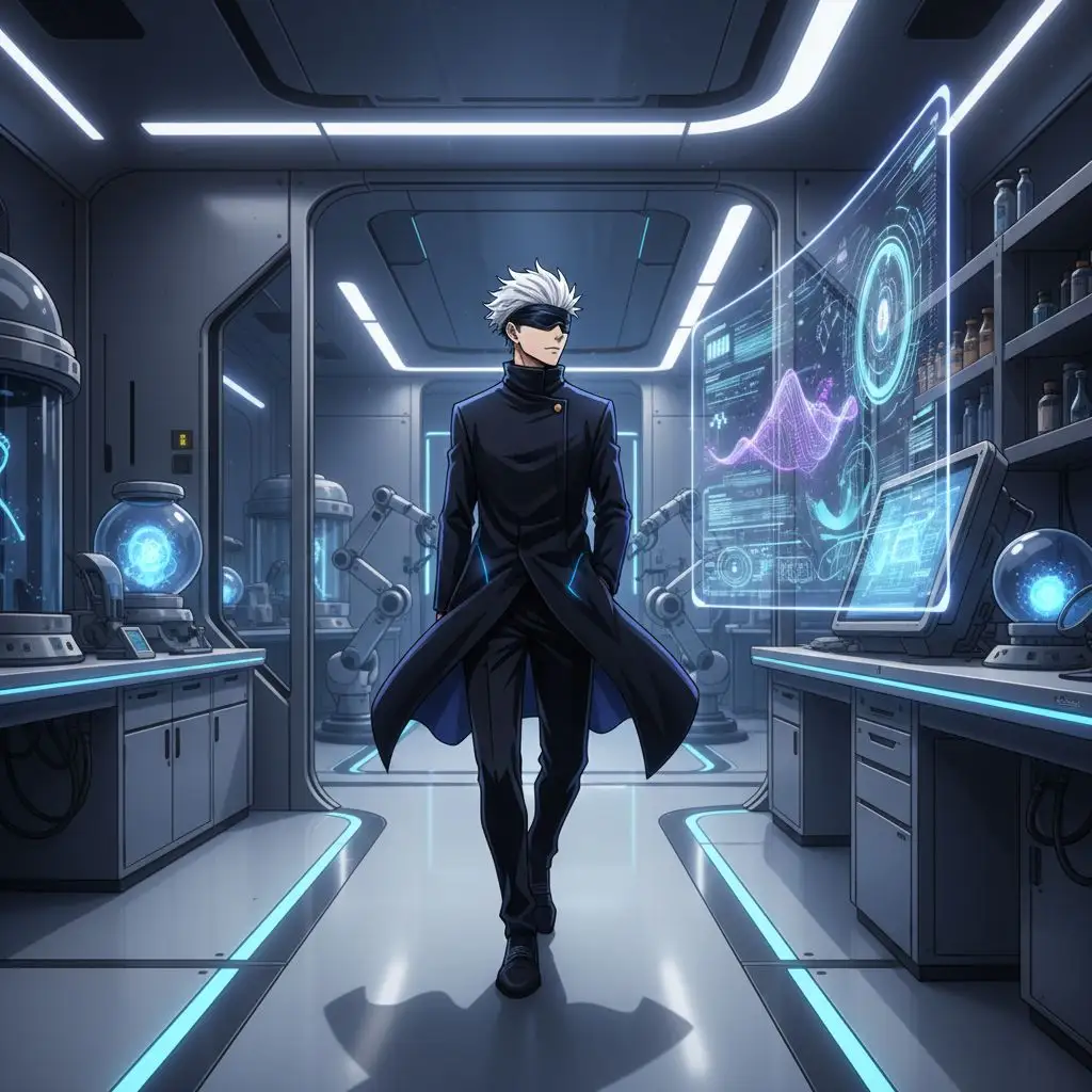 Gojo Satoru in a futuristic lab with holographic displays, showcasing a high-tech and intelligent setting.