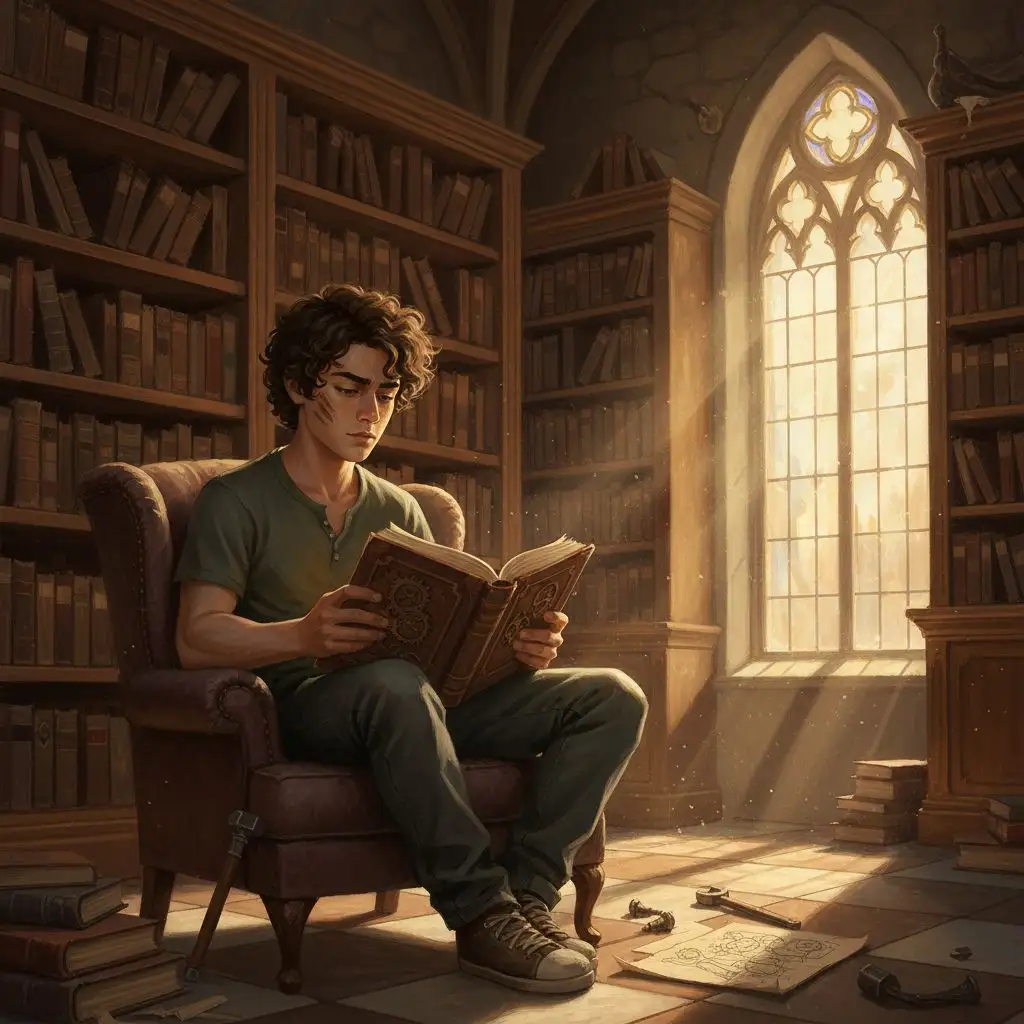 Leo Valdez reading a mechanics book in an old library.