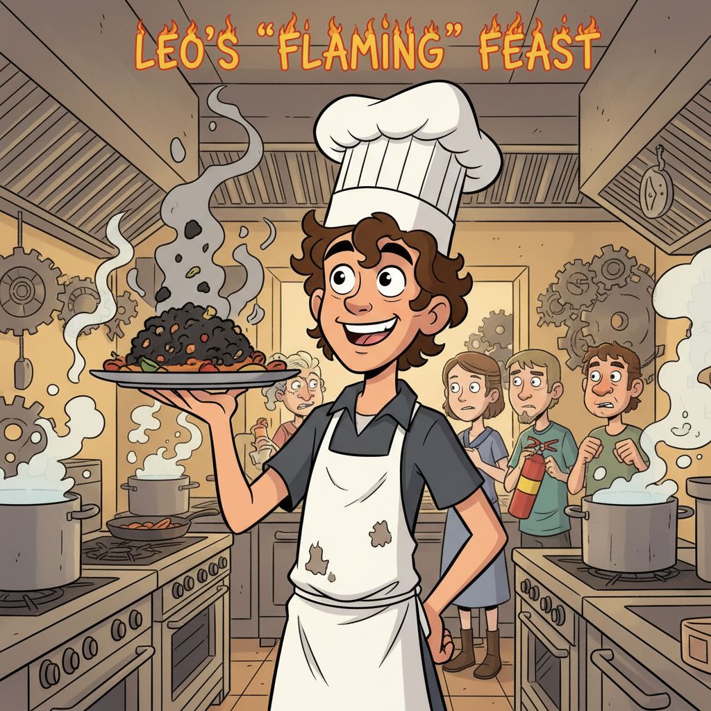 Leo Valdez as a chef, comically presenting a meal.