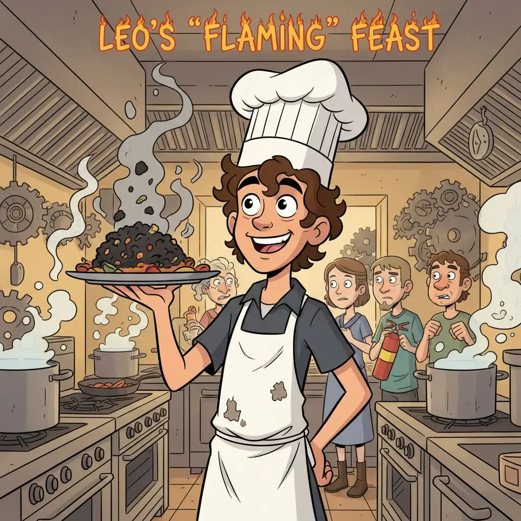 Leo Valdez as a chef, comically presenting a meal.