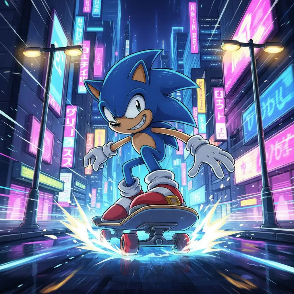 Sonic on a skateboard, zipping through a neon-lit cityscape at night, anime style.