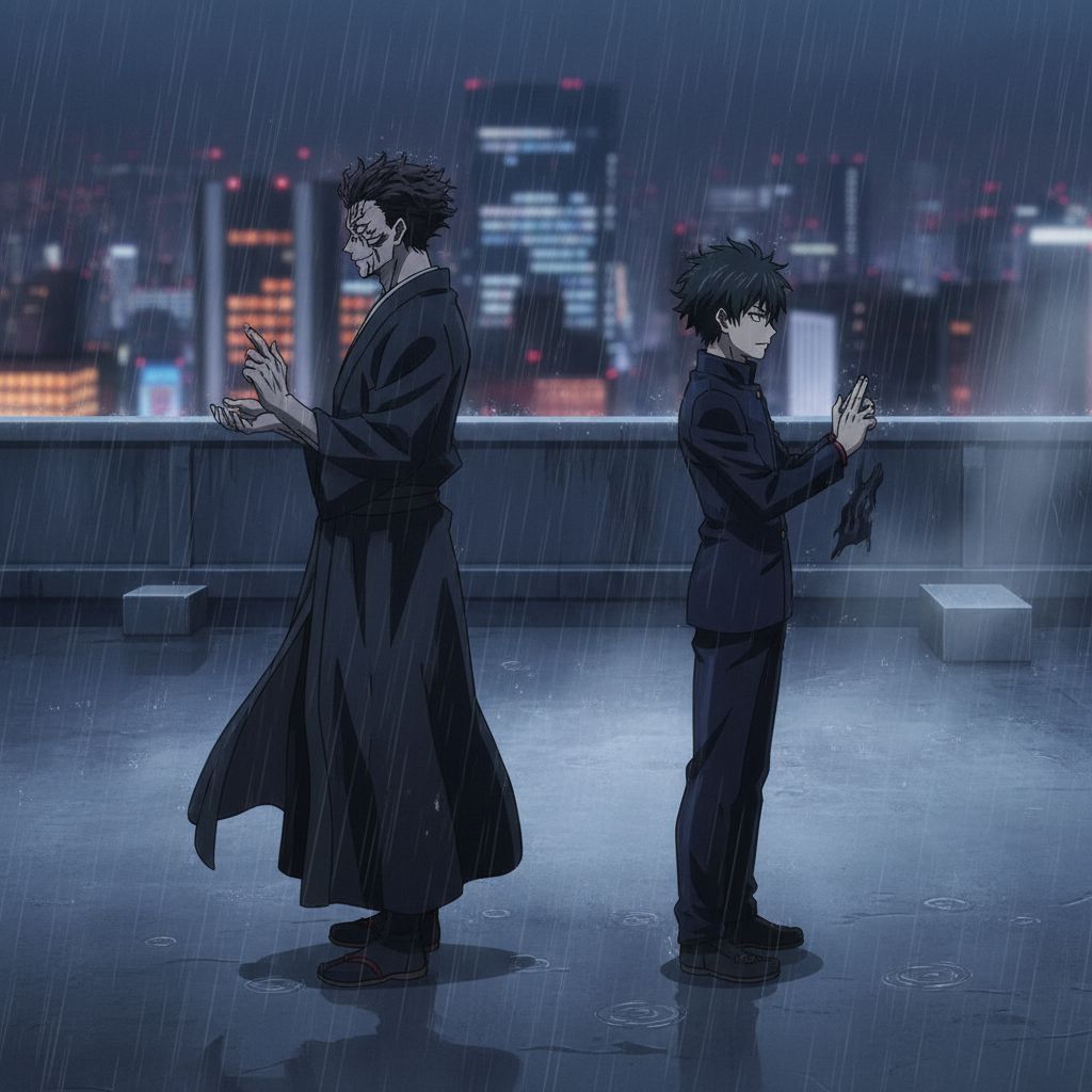 Sukuna and Megumi on a rainy rooftop, tense moment, city lights, contemplative anime style.