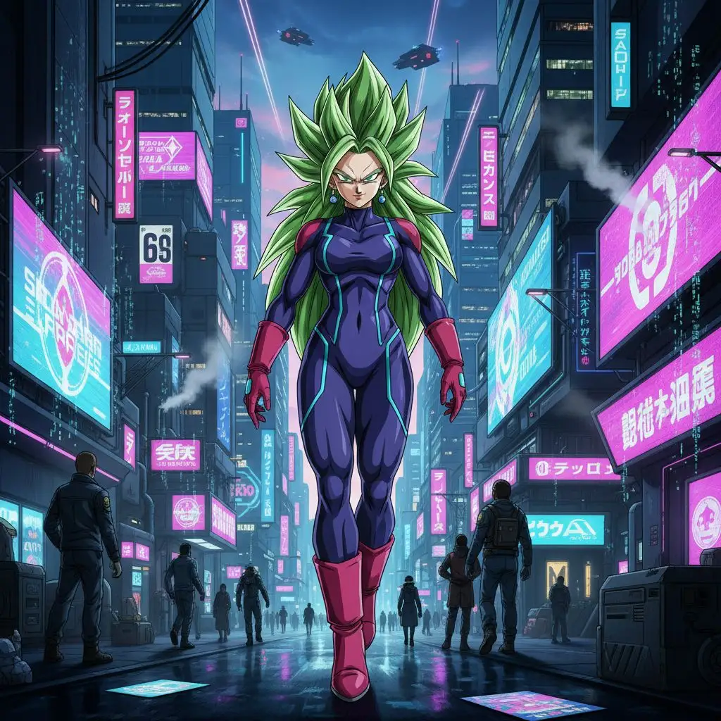 Base form Kefla walking in a futuristic city at dusk.
