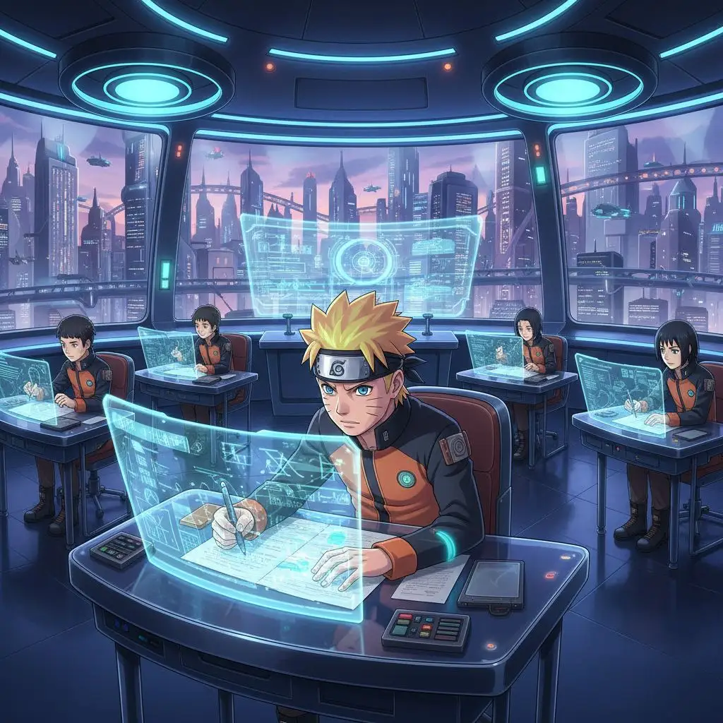 Naruto as a student in a futuristic classroom.