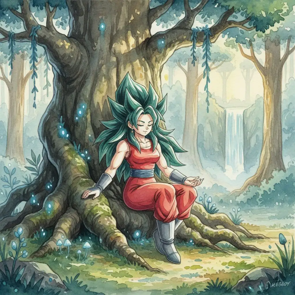 Serene Kefla in a mystical forest, watercolor style.