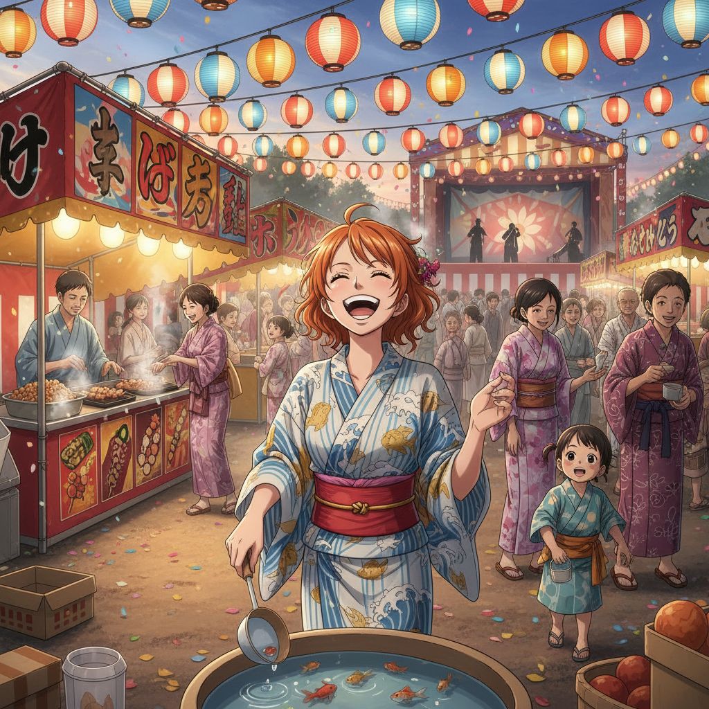 Nami enjoying a lively summer festival with lanterns and crowds.