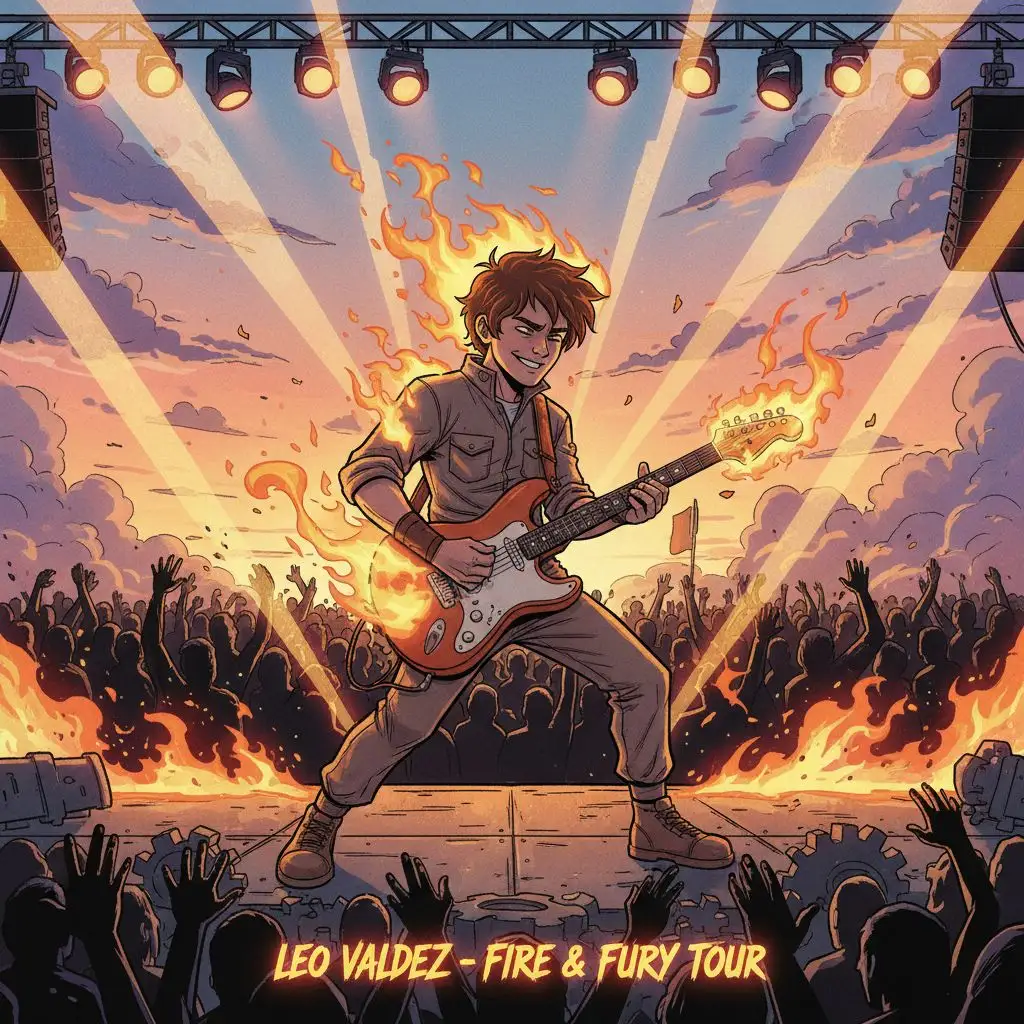 Leo Valdez playing a fiery guitar on stage at a concert.