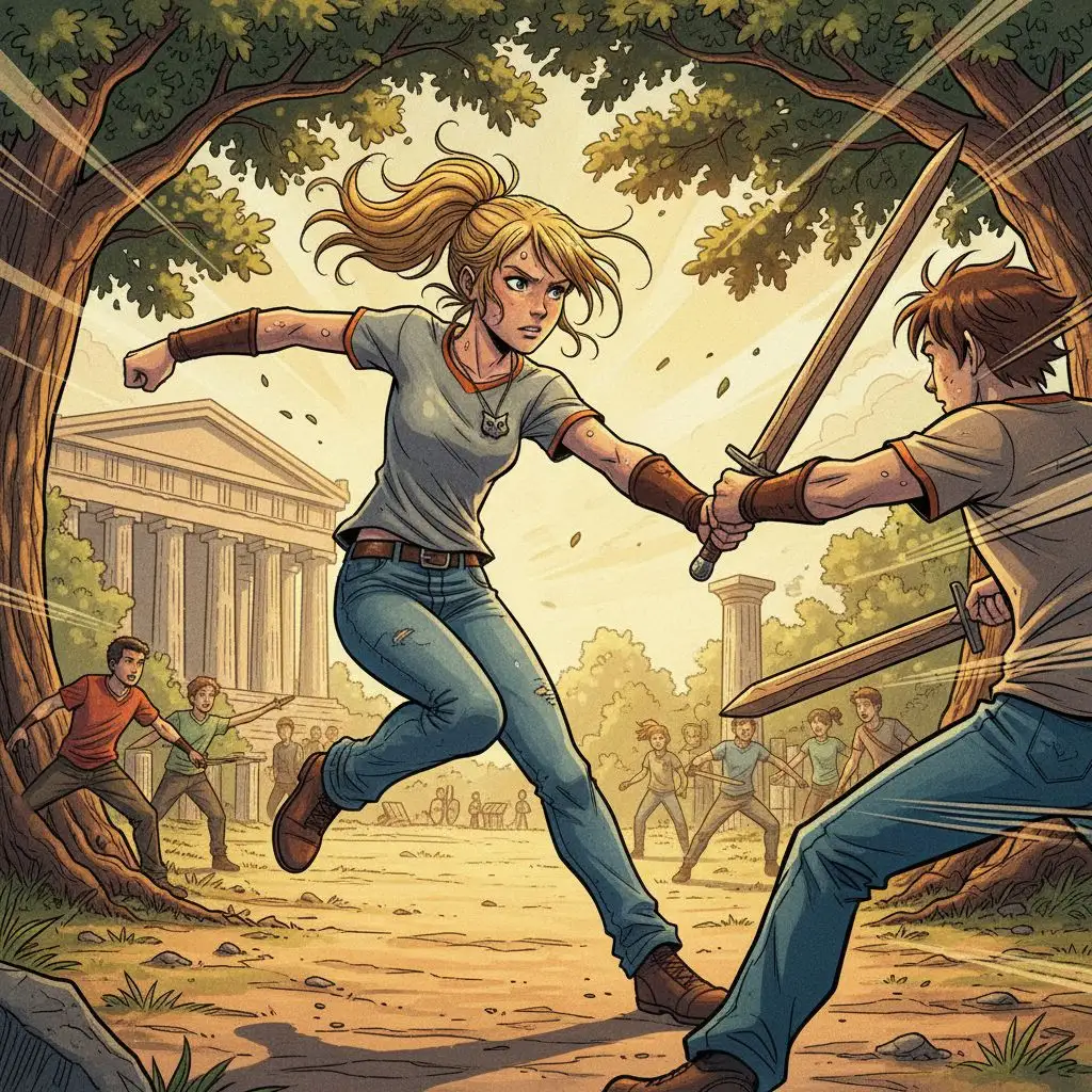 Annabeth Chase training with a sword, demonstrating her demigod combat abilities and focus.