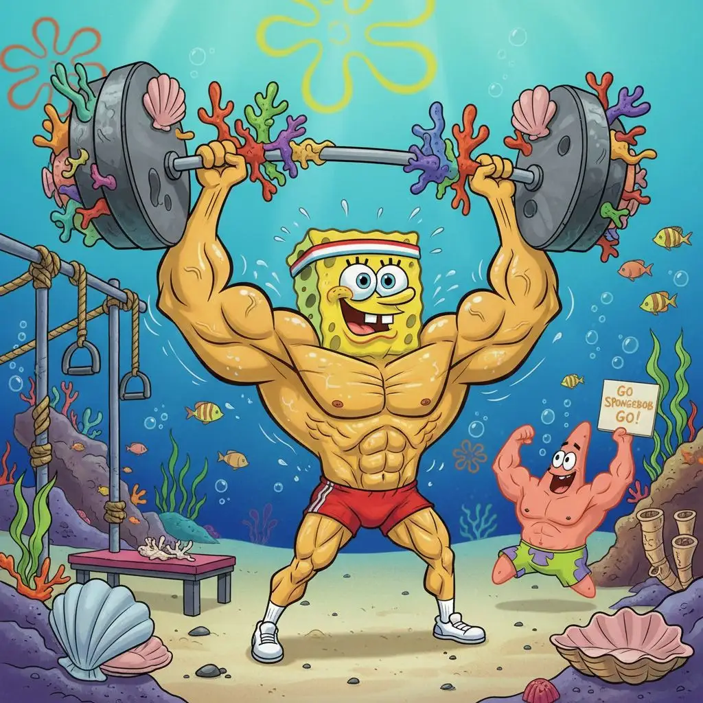 Buff Spongebob lifting weights with Patrick cheering in an underwater gym.
