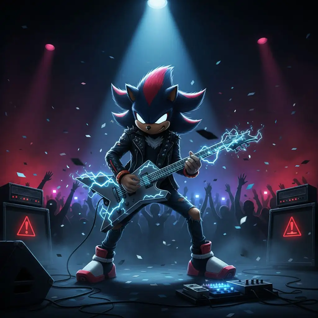 Cool Shadow the Hedgehog playing electric guitar on stage, rock fan art.