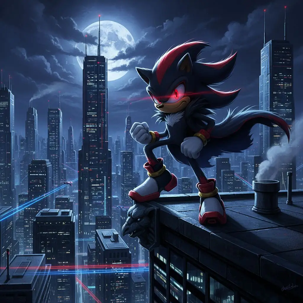 Edgy Shadow the Hedgehog on a futuristic city rooftop at night, cool fan art.