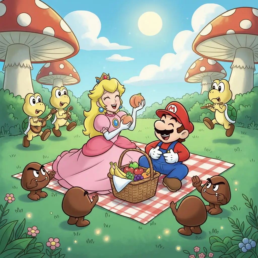 Princess Peach and Mario enjoying a joyful picnic in a mushroom meadow.