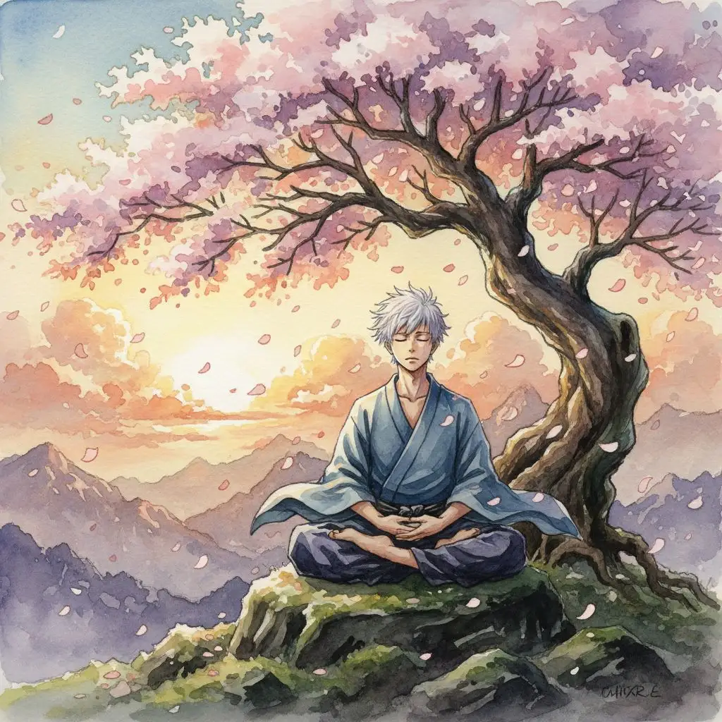 Gojo Satoru meditating under a cherry blossom tree at sunset, representing tranquility and nature's beauty in watercolor.