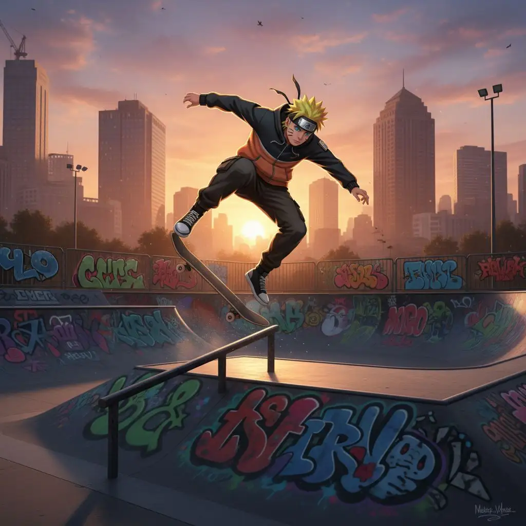 Naruto skateboarding in an urban skate park.