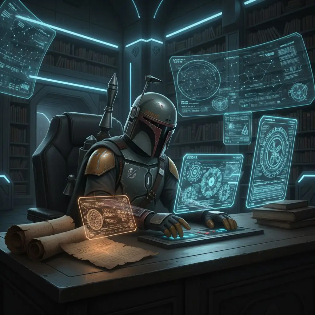 Boba Fett browsing holographic data in a futuristic library.