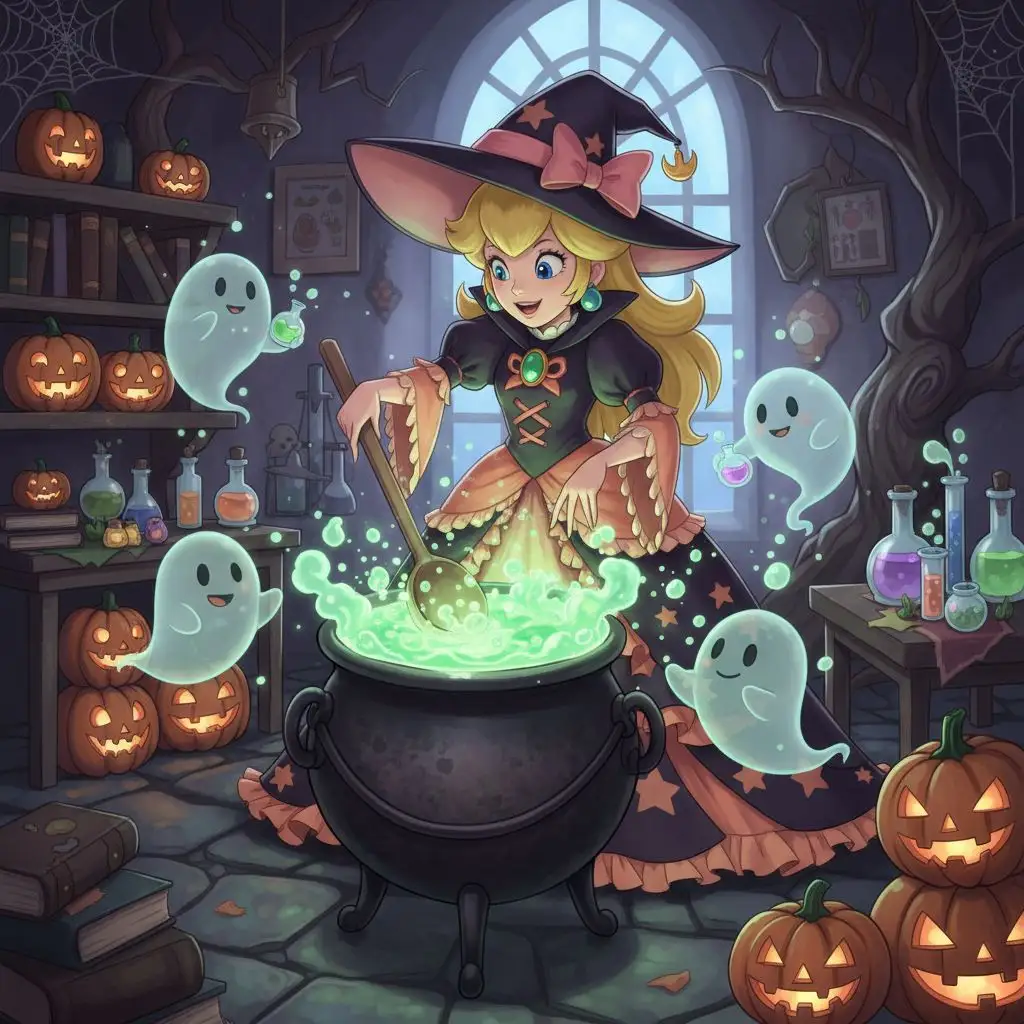 Princess Peach dressed as a witch brewing a potion for Halloween.