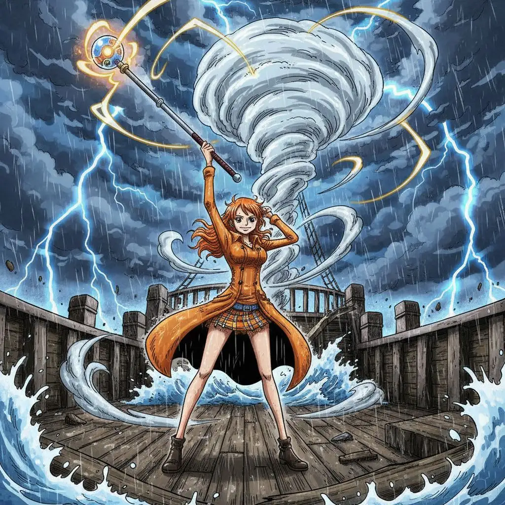 Nami controlling weather with her Clima-Tact during a storm at sea.