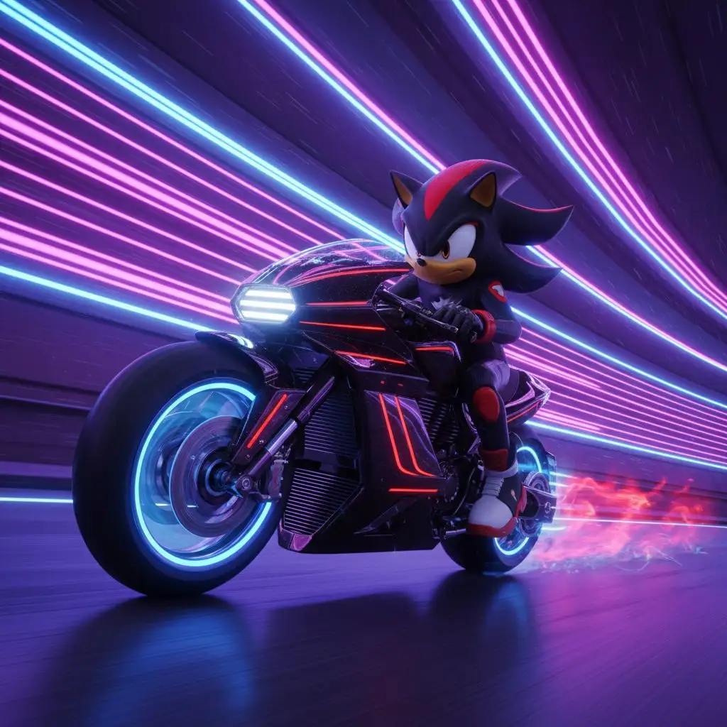 Shadow the Hedgehog riding a motorcycle through a neon tunnel, fan art.