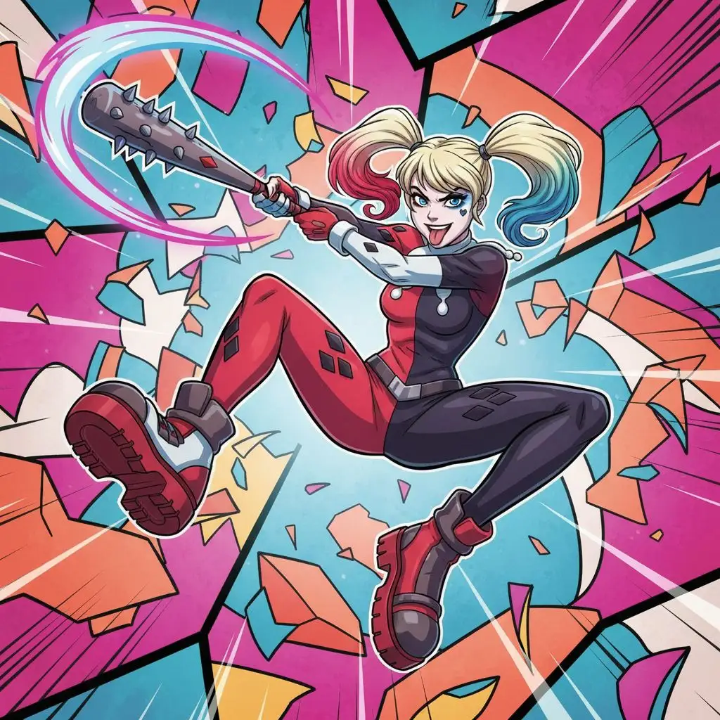 Anime Harley Quinn in a dynamic action pose with a bat, vibrant fan art.