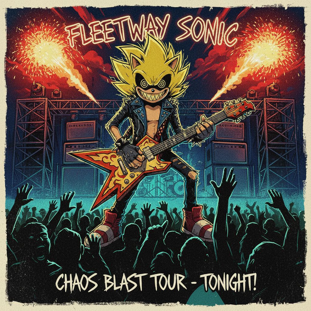 Fleetway Sonic playing an electric guitar on stage with pyrotechnics, punk rock style.