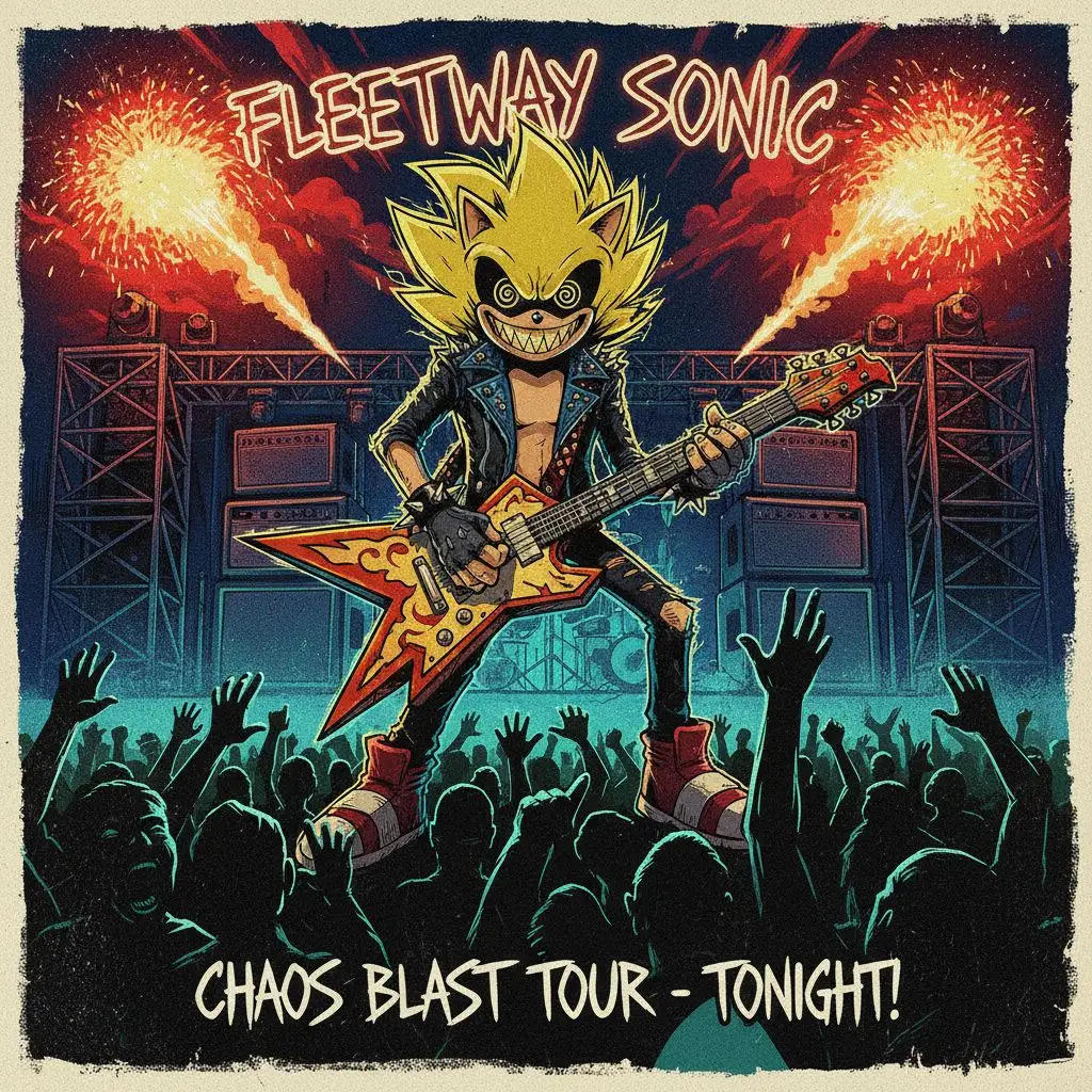 Fleetway Sonic playing an electric guitar on stage with pyrotechnics, punk rock style.