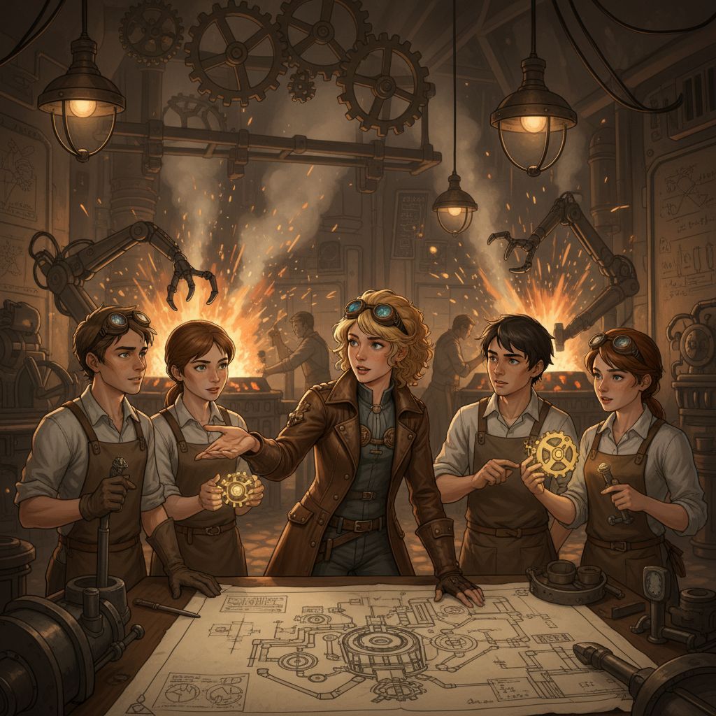 Annabeth Chase in a workshop collaborating on a mechanical design, showing her engineering prowess.