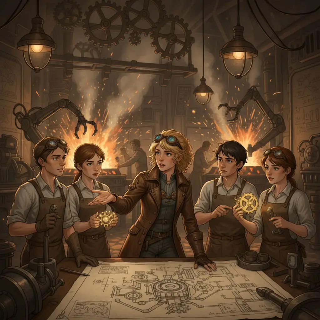 Annabeth Chase in a workshop collaborating on a mechanical design, showing her engineering prowess.